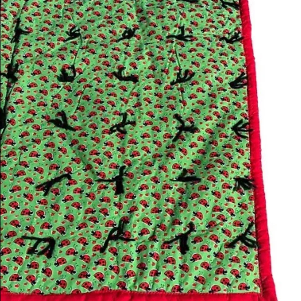 Handmade Quilt Girls Ladybug 43X40.5 Vintage Red Black Green Hand Tied